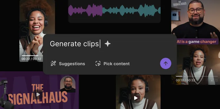 Collage of video clips featuring diverse people speaking with headphones and a text box overlay saying 'Generate clips' with options for suggestions and pick content.